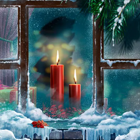 Cozy Winter Window Candles Christmas Scene Art Gift